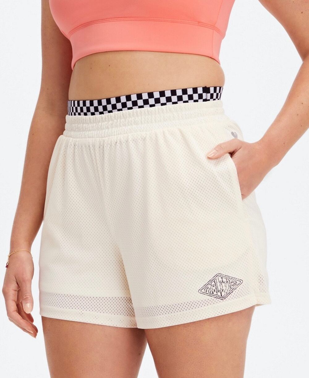 FABLETICS Women's Beige Three-Point Mesh Checkered Basketball Shorts SZ M